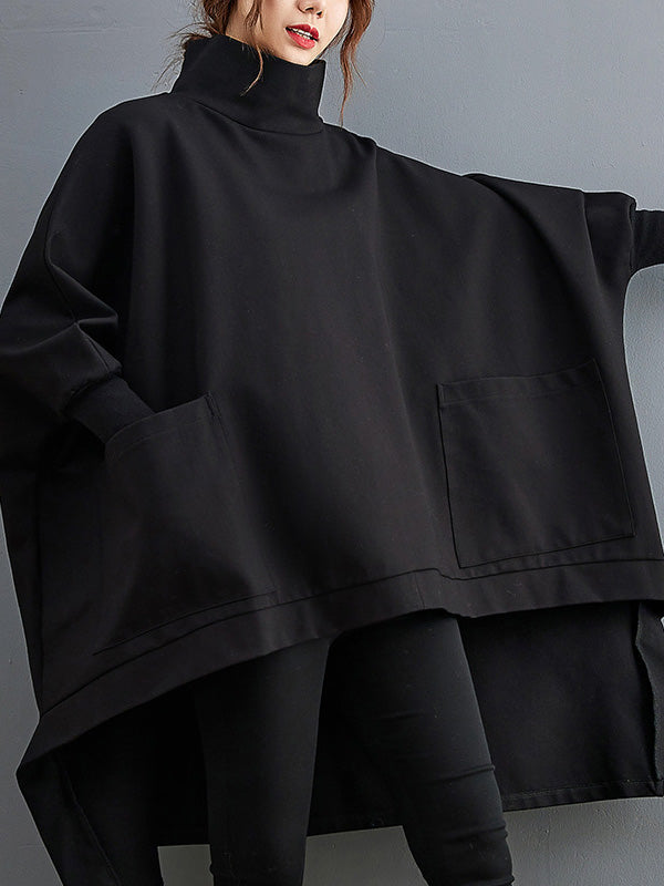 Urban Solid Color High-Neck High-Low Sweatshirt Top