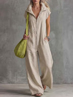 Zipper Solid Color Pockets Wide Leg Loose Stand Collar Jumpsuits