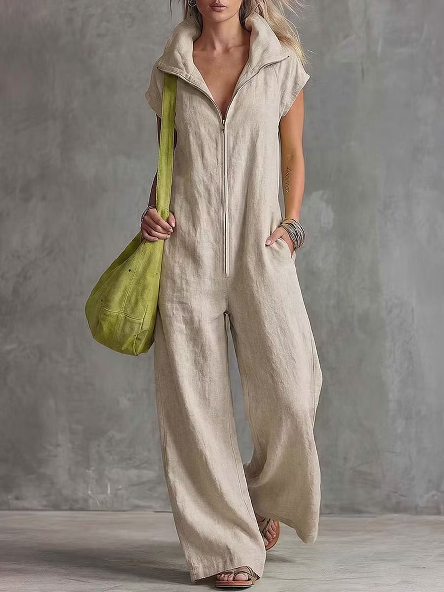 Zipper Solid Color Pockets Wide Leg Loose Stand Collar Jumpsuits