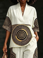 Printed Contrast Color Loose Half Sleeves V-neck Blouses&shirts Tops