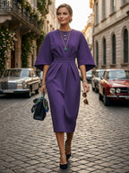 Batwing Sleeves Elasticated Waist Pleated Solid Color Split-Joint Round-Neck Midi Dresses