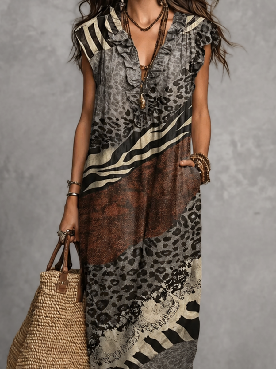Ruffled Printed Pockets Sleeveless Loose V-Neck Maxi Dresses