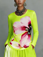 Long Sleeves Contrast Color Flower Print Split-Joint Round-Neck T-Shirts Tops