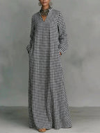 Pockets Plain Contrast Color Puff Sleeves Loose V-neck Maxi Dresses
