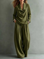 Solid Color Lapel Long Sleeves Blouses&shirts Tops + High Waisted Pleated Pockets Pants Trousers Two Pieces Set