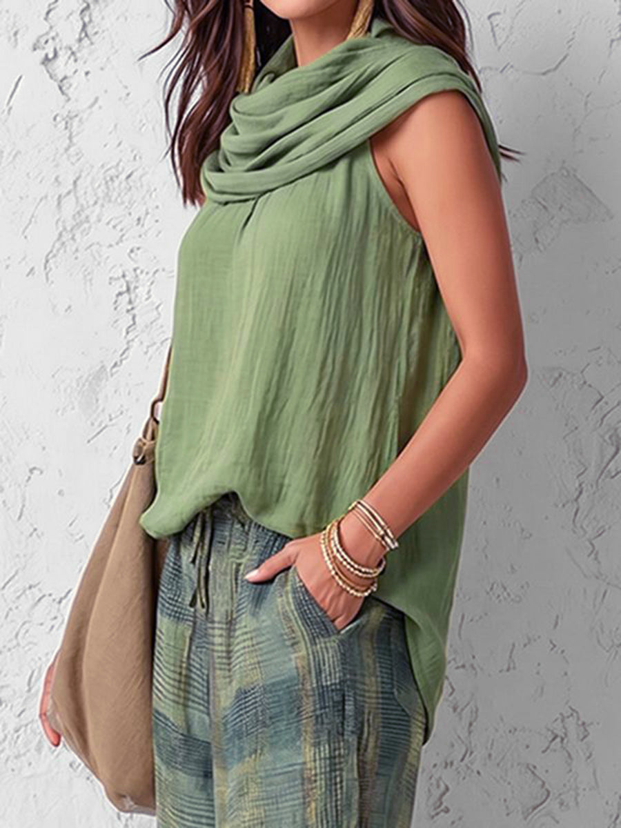 Solid Color Pleated Sleeveless Loose Halter-Neck Tank Top