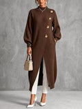 Solid Color Ribbed Knit Pockets Buttoned Loose Long Sleeves Mock Neck Sweater Pullovers