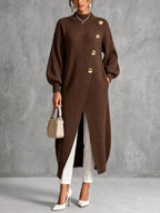 Solid Color Ribbed Knit Pockets Buttoned Loose Long Sleeves Mock Neck Sweater Pullovers