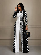 Zipper Split-Joint Polka-Dot Contrast Color Long Sleeves High Waisted Round-neck Jumpsuits