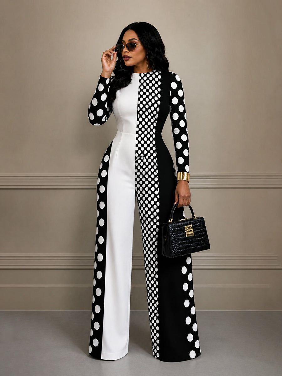 Zipper Split-Joint Polka-Dot Contrast Color Long Sleeves High Waisted Round-neck Jumpsuits
