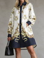 Printed Pockets Buttoned Loose Long Sleeves Lapel Mini Dresses