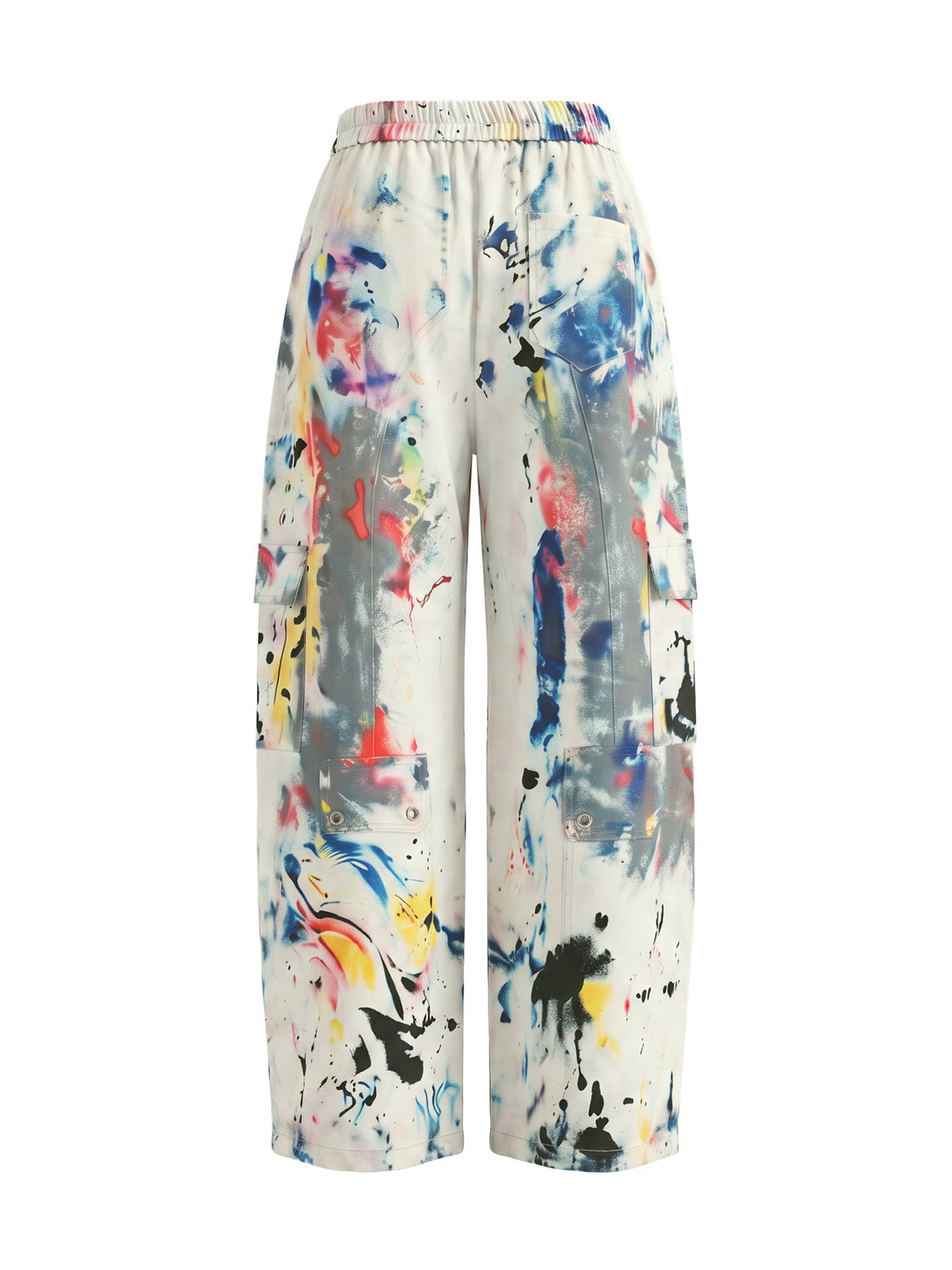 Pockets Graffiti Printed Contrast Color Buttoned Wide Leg High Waisted Trousers Pants