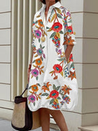 A-Line Half Sleeves Buttoned Contrast Color Flower Print Pockets Lapel Midi Dresses Shirt Dress