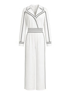 High Waisted Long Sleeves Contrast Color Pleated Pockets Notched Collar Jumpsuits