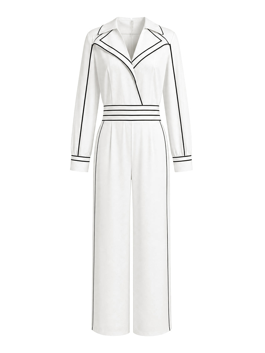 High Waisted Long Sleeves Contrast Color Pleated Pockets Notched Collar Jumpsuits