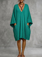 Batwing Sleeves Loose Pockets Solid Color Deep V-Neck Mini Dresses