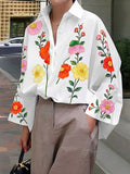 Long Sleeves Loose Buttoned Contrast Color Flower Print Lapel Blouses&Shirts Tops