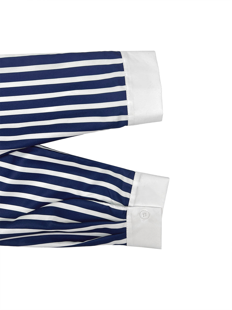 Long Sleeves Buttoned Contrast Color Striped Lapel Blouses&Shirts Tops