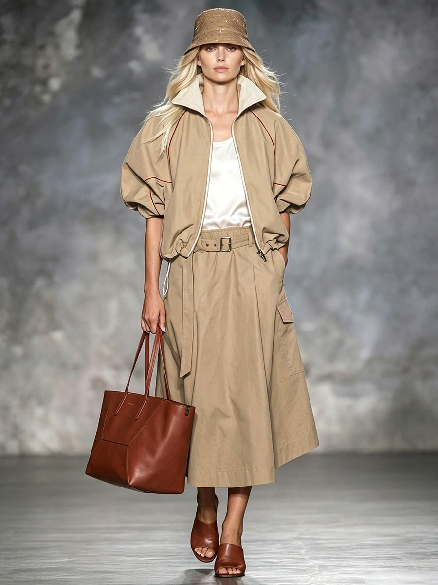 Solid Color Pockets Elasticity Belted Loose A-line Skirts