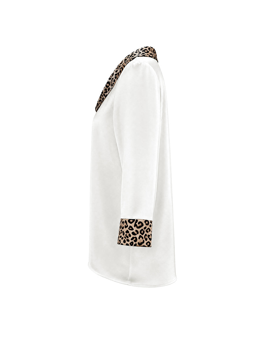 Split-Joint Leopard Contrast Color Three-quarter Sleeves Loose Heaps Collar Blouses&shirts Tops