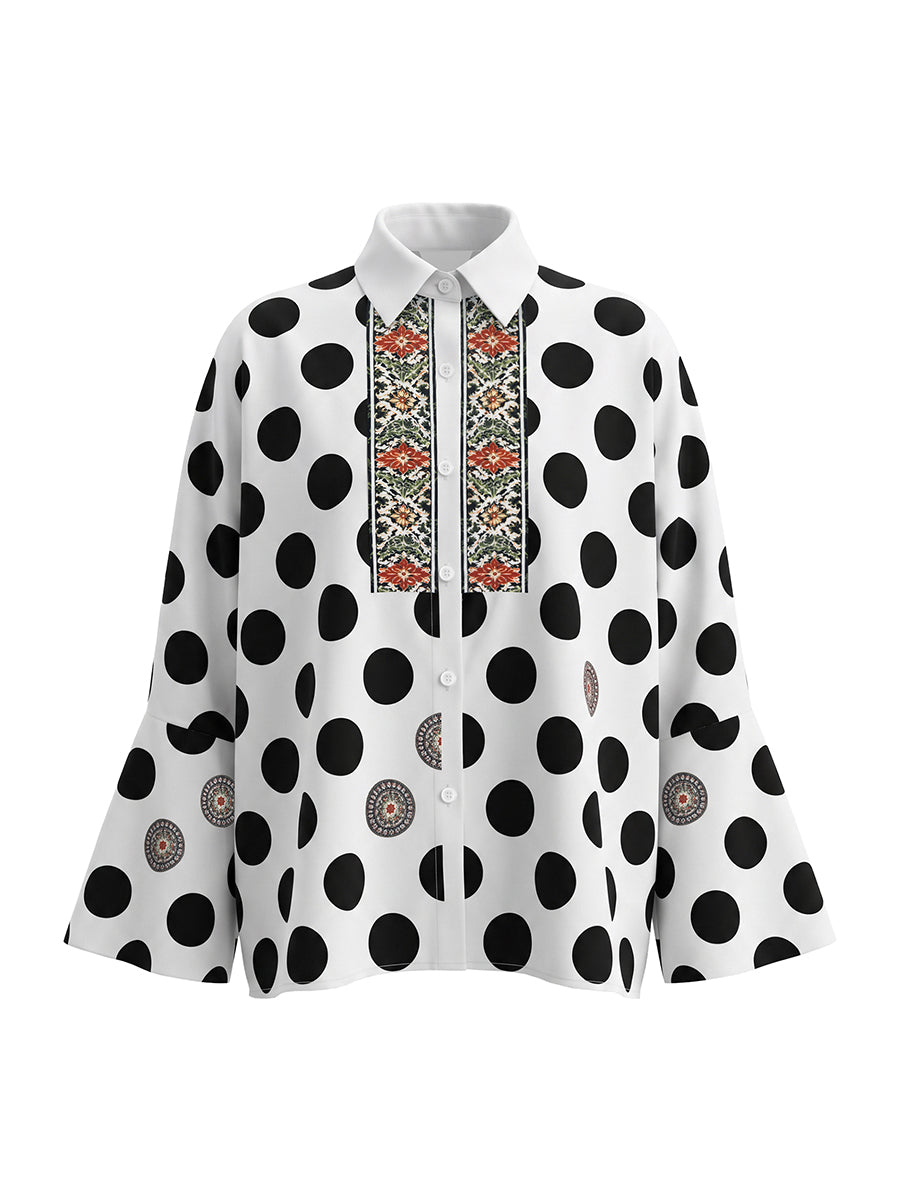 Long Sleeves Loose Buttoned Polka Dot Printed V-Neck Blouses&Shirts Tops