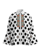 Long Sleeves Loose Buttoned Polka Dot Printed V-Neck Blouses&Shirts Tops