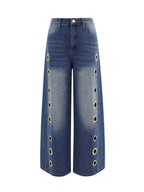 Split-Joint Pockets Hollow Geometric Buttoned Wide Leg Loose Jean Pants Bottoms