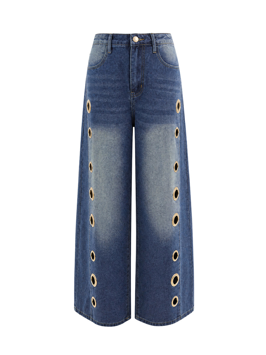 Split-Joint Pockets Hollow Geometric Buttoned Wide Leg Loose Jean Pants Bottoms