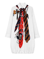 Long Sleeves Loose Buttoned Pockets Printed Lapel Midi Dresses