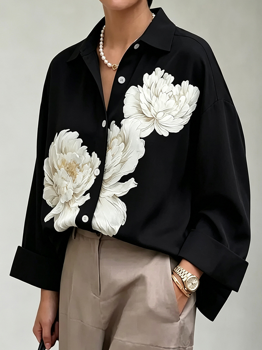 Flower Print Buttoned Loose Long Sleeves Lapel Blouses&shirts Tops