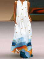 Loose Plus Size Contrast Color Pockets Printed V-Neck Maxi Dresses
