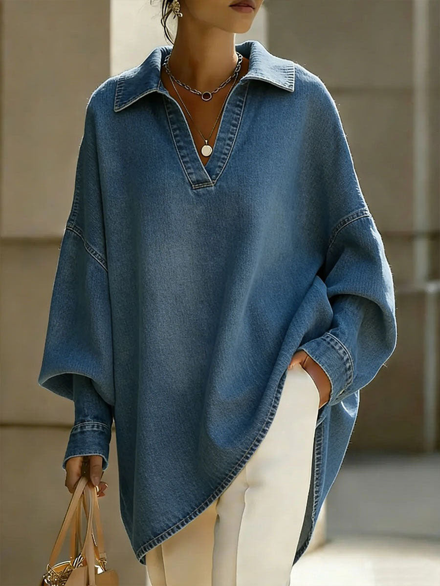 Solid Color Buttoned Loose Long Sleeves V-Neck Blouses&Shirts Tops
