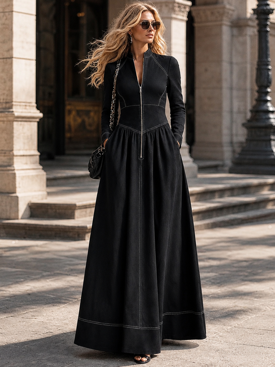 Zipper Split-Joint Pockets Pleated Contrast Color Long Sleeves High Waisted Mock Neck Maxi Dresses