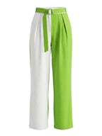 High Waisted Belted Contrast Color Pleated Pockets Pants Trousers