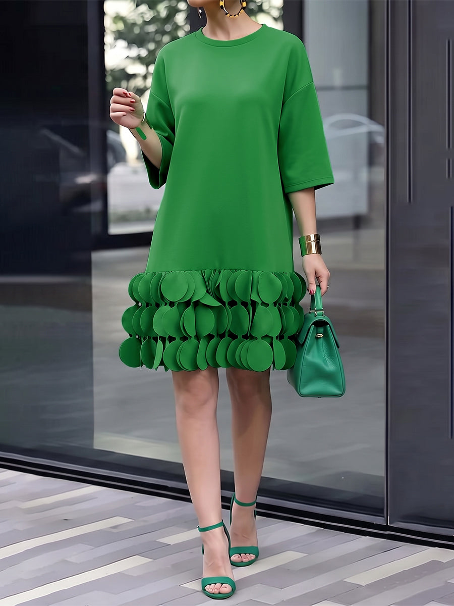 A-Line Loose Solid Color Split-Joint Three-Dimensional Flower Round-Neck Mini Dresses