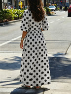A-Line Half Sleeves Buttoned Contrast Color Elasticity Polka Dot Lapel Maxi Dresses Shirt Dress