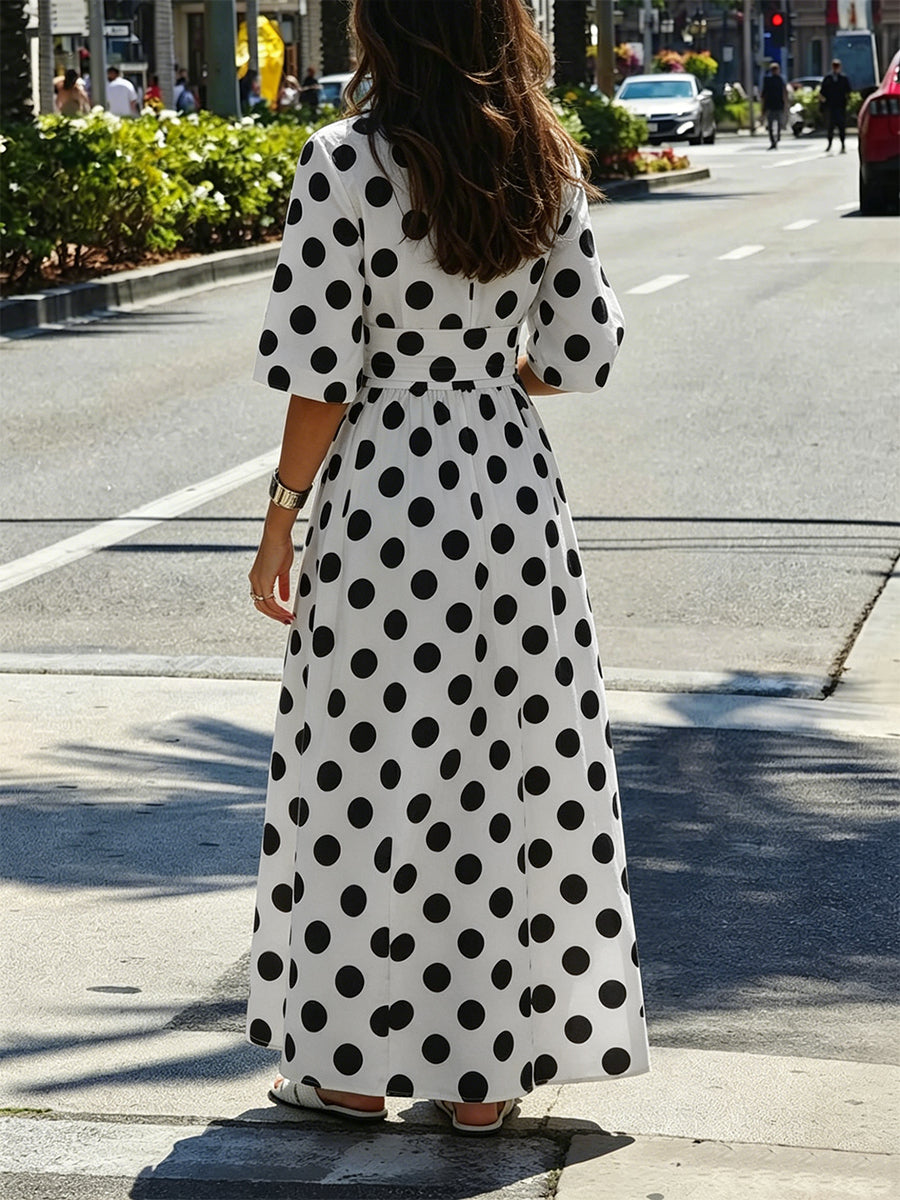 A-Line Half Sleeves Buttoned Contrast Color Elasticity Polka Dot Lapel Maxi Dresses Shirt Dress