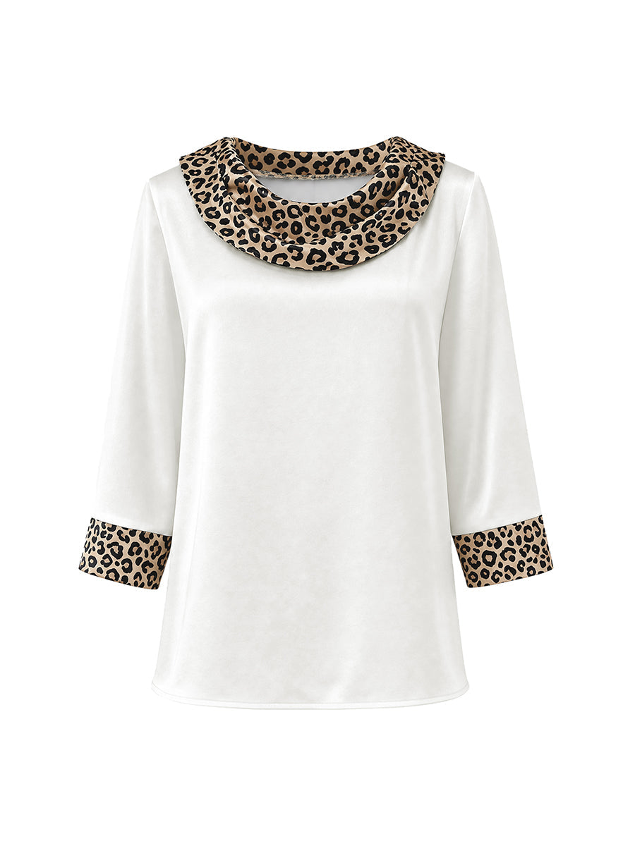 Split-Joint Leopard Contrast Color Three-quarter Sleeves Loose Heaps Collar Blouses&shirts Tops