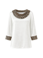 Split-Joint Leopard Contrast Color Three-quarter Sleeves Loose Heaps Collar Blouses&shirts Tops