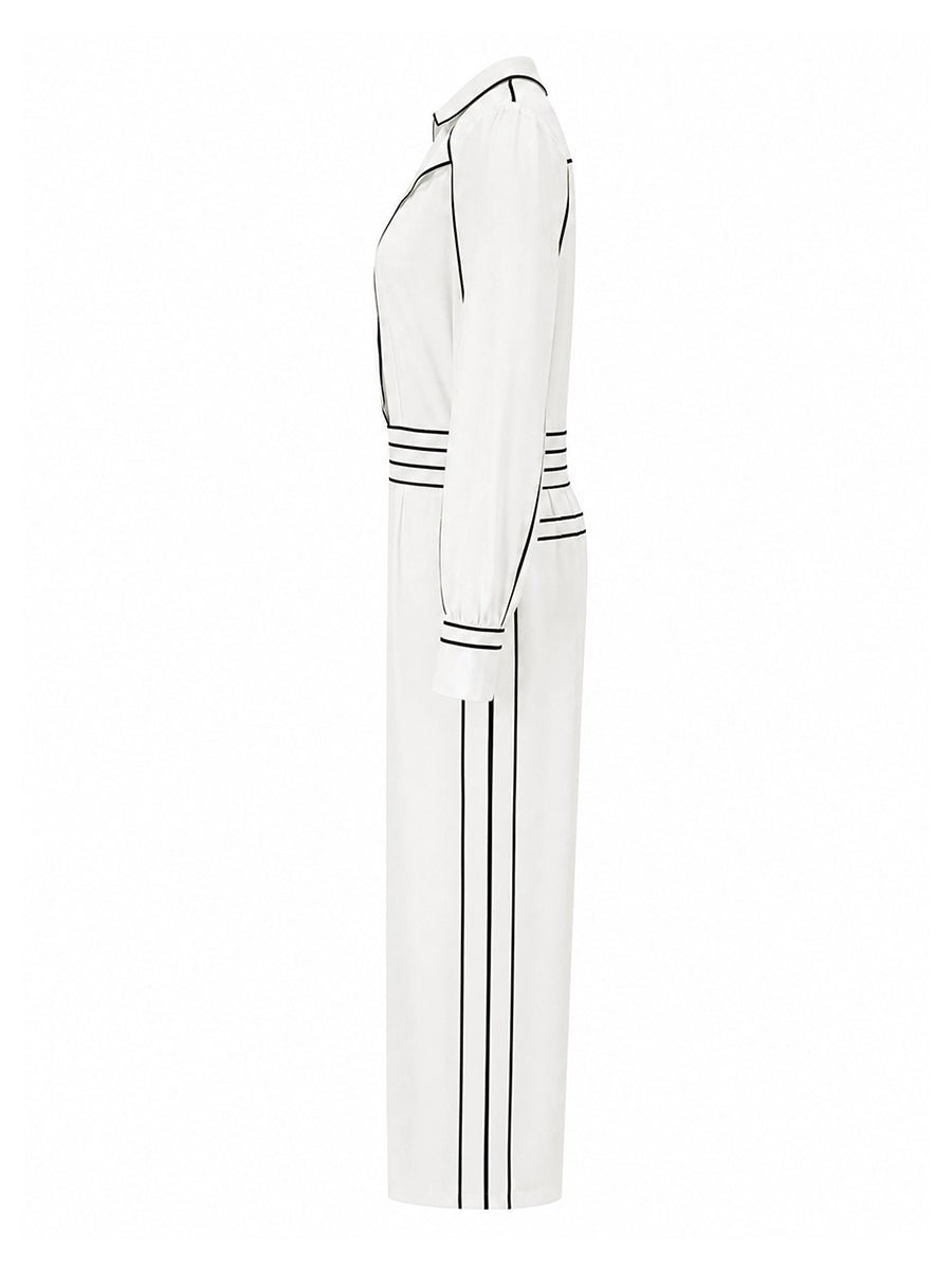 High Waisted Long Sleeves Contrast Color Pleated Pockets Notched Collar Jumpsuits