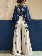 Pockets Flower Print Elasticity Contrast Color Wide Leg Long Sleeves V-neck Jumpsuits