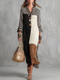 Striped Split-Joint Contrast Color Three-quarter Sleeves Ruffle Sleeves Lapel Midi Dresses