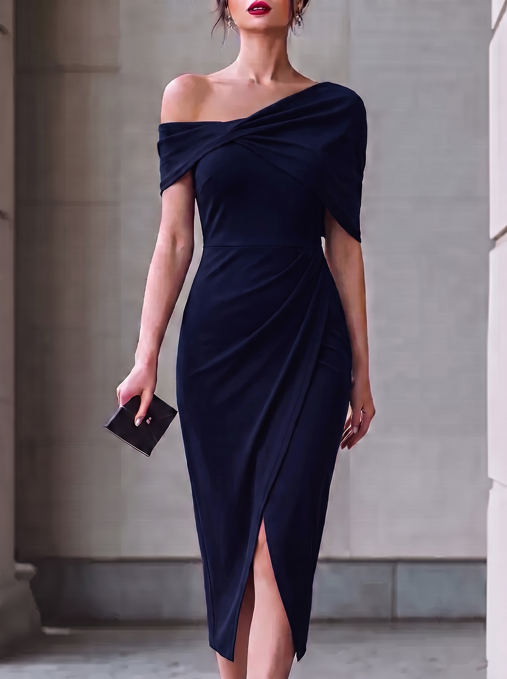 Split-front Solid Color Backless Short Sleeves Plus Size One-shoulder Midi Dresses