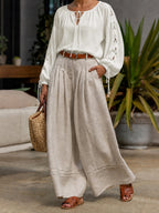 Split-Joint Solid Color Pleated Hollow Drawstring Loose Long Sleeves Cold shoulder Blouses&shirts Tops