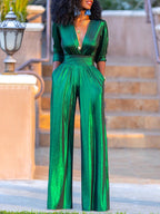 High Waisted Three-Quarter Sleeves Shiny Solid Color Deep V-Neck Jumpsuits Bottoms