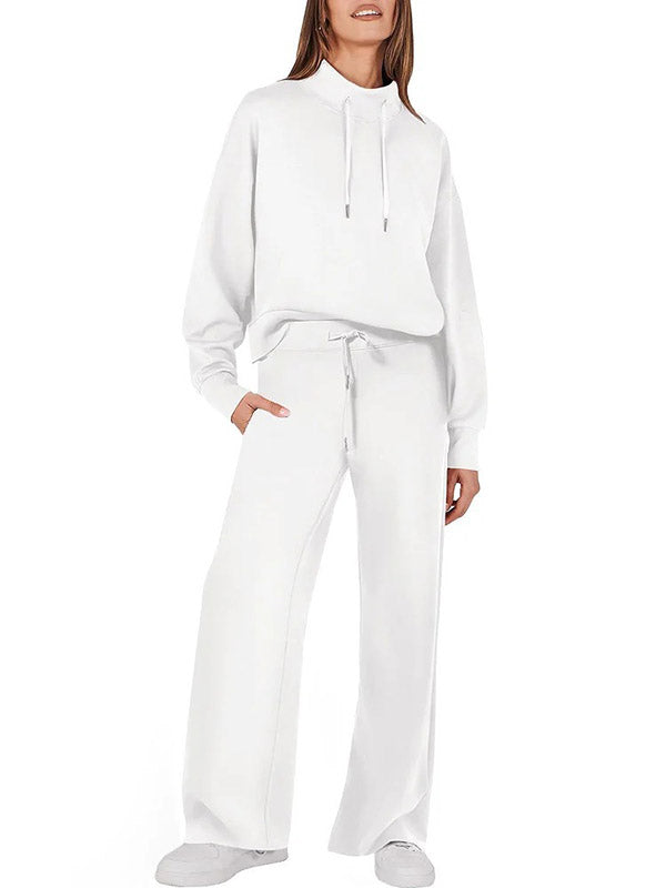 High Waisted Long Sleeves Drawstring Split-Joint Sweatshirt + Pants/Trousers Two Pieces Set