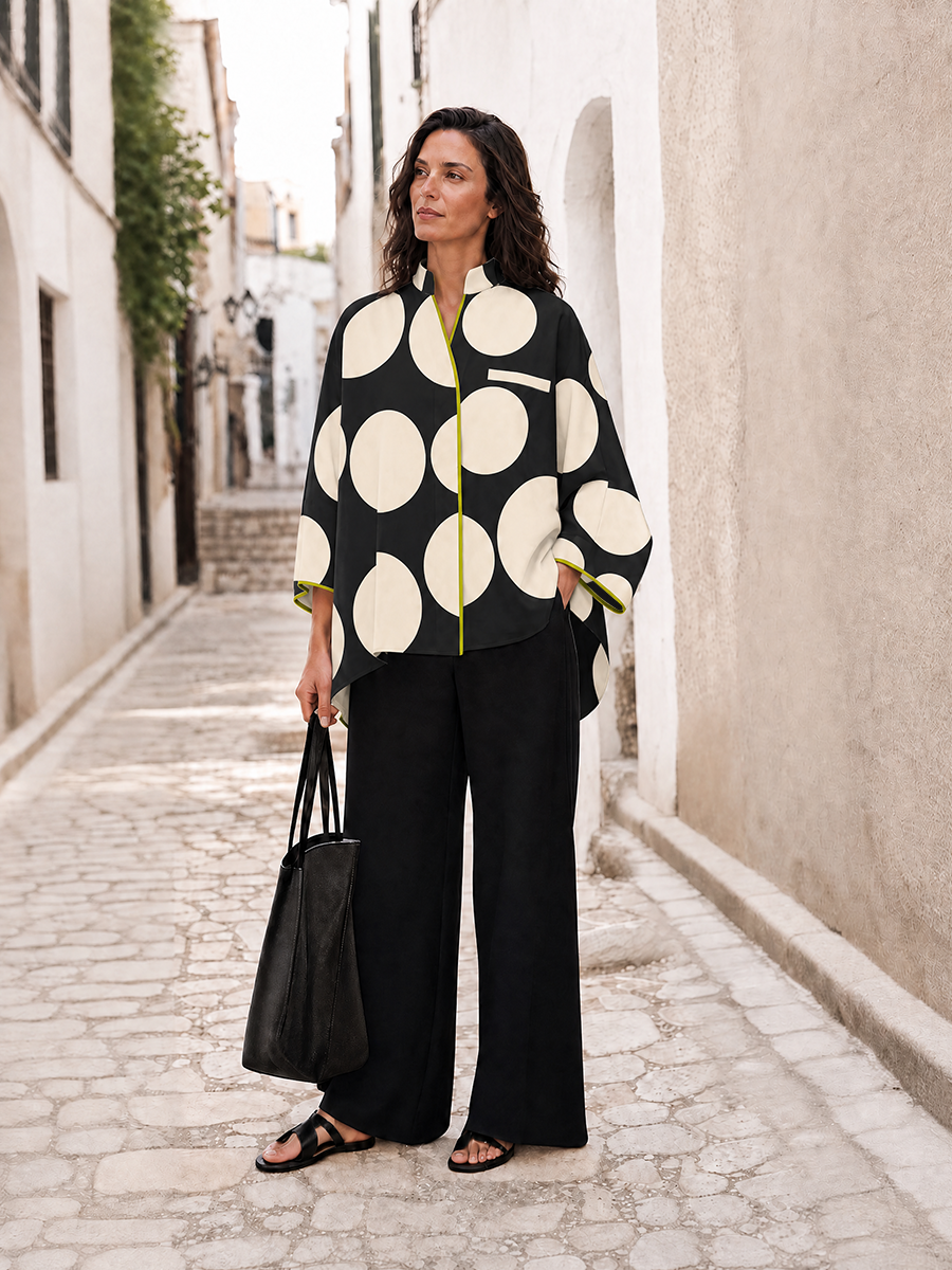 Polka-Dot Contrast Color Three-quarter Sleeves Loose Stand Collar Blouses&shirts Tops