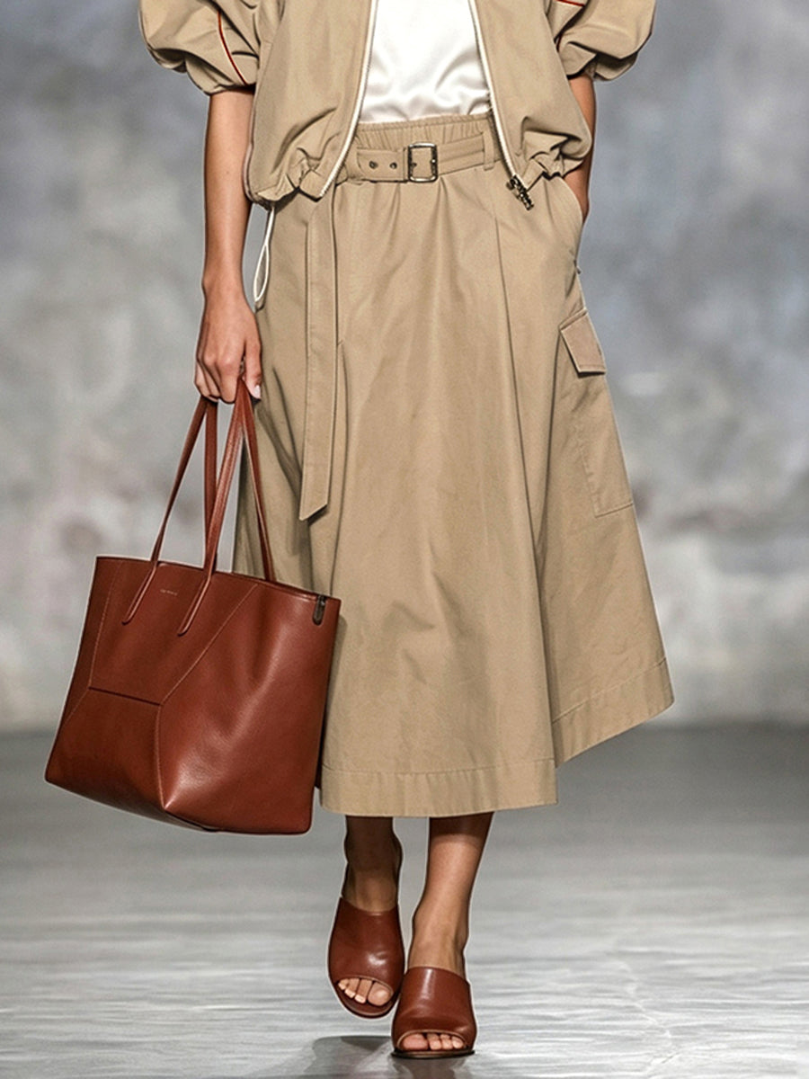 Solid Color Pockets Elasticity Belted Loose A-line Skirts