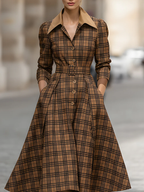High Waisted Three-Quarter Sleeves Belted Buttoned Plaid Pleated Pockets Lapel Midi Dresses