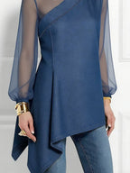 Long Sleeves Puff Sleeves Asymmetric Mesh Split-Joint Mock Neck Blouses&Shirts Tops